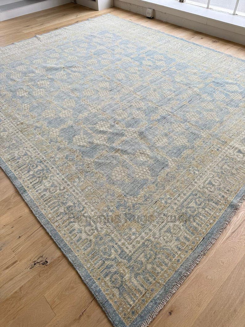 Vintage Blue Beige Floral Rugs 8x10, Handwoven Style Area Rug ...