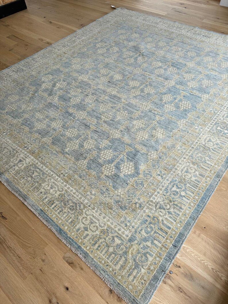 Vintage Blue Beige Floral Rugs 8x10, Handwoven Style Area Rug ...