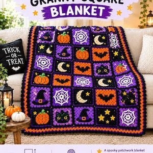 May include: A crochet Halloween granny square blanket featuring a patchwork design of black and purple squares with motifs of orange pumpkins, black bats, white spider webs, black cats, yellow moons, and stars, finished with a bold orange border.