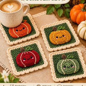 May include: A set of four square crochet coasters featuring textured pumpkins in orange, yellow, red, and green. Each coaster has a deep green background, a cream scalloped border, and an embroidered face. The text reads Crochet Pumpkin Harvest Coaster Set.