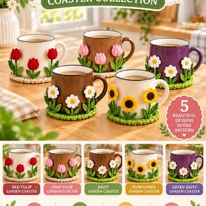May include: A crochet pattern set titled Crochet Flower Garden Coaster Collection featuring five designs: red tulip, pink tulip, daisy, sunflower, and green daisy. Includes step-by-step instructions, intermediate skill level, and finished size 4-5 inches tall.