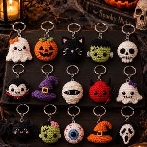 Zestaw wzorów na szydełkowe breloki na Halloween | 15 wzorów amigurumi w formacie PDF | Duch, dynia, czarownica, wampir | Przyjazny dla początkujących plik do pobrania w wersji cyfrowej