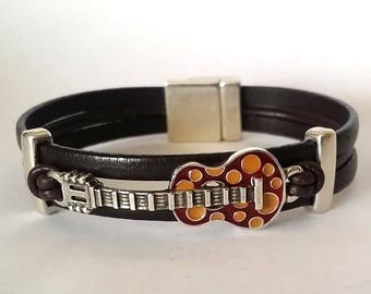Leren gitaararmband, geëmailleerde tuimelmanchet, bruine armband, cadeau voor gitarist