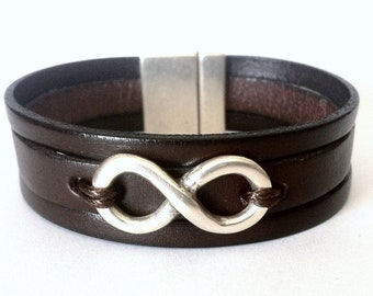 Leather cuff infinity bracelet for men, custom jewelry, anniversary gift, plus size