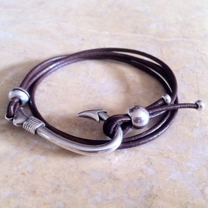 Fish hook bracelet, Anchor bracelet, Nautical bracelet, brown bracelet, double wrap bracelet, Mens bracelet gift, birthday gifts