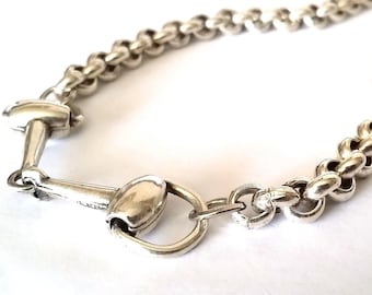 Collar con bocado de filete, cadena rolo gruesa, gargantilla ecuestre, collar de plata para amantes de los caballos