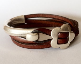 Silver Flower Wrap Leather Bracelet, women bracelet