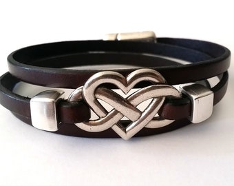 Leather bracelet, infinity bracelet, womens bracelet, custom bracelet, Heart bracelet, women infinity, brown bracelet ,Valentine’s Day