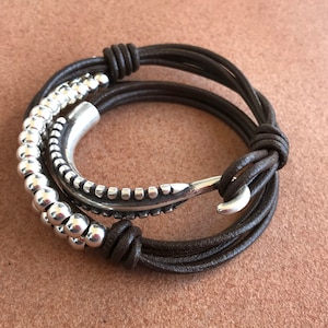 silver beads double wrap bracelet, boho bracelet, leather bracelet for women, hippie bracelet, beaded bracelet, birthday gifts