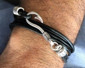 ブレスレット LANARCHIVE tress hook bracelet Fish Hook Bracelet, Triple Wrap Leather Bracelet, Nautical