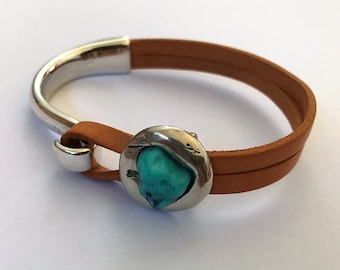 Leather and silver bracelet with turquoise stone, everyday bracelet, leather bracelet for women, leather bracelet for men, gift for friend
