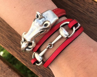 2x Horse bracelet, couple bracelets, Snaffle Bit bracelet, wrap bracelet, leather bracelet, gift for horse lovers, equestrian theme