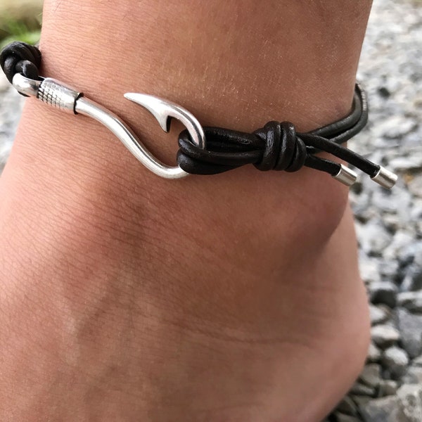 fish hook Anklet, boho anklet, Anklet leather, nautical anklet, unisex anklets, gift for him, hook clasp ,Valentine’s Day, Valentine's Day