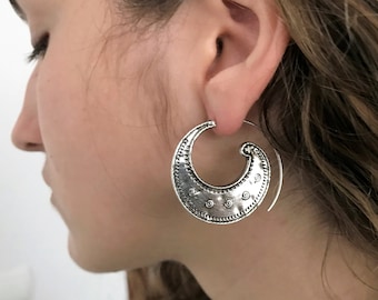 Silver Plated Spiral Hoop Earrings, Ethnic Tribal Jewelry, boho earrings for women