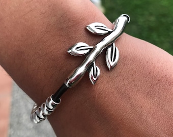 Silver Leaf Leather Bracelet, Boho Charm Bracelet, Women's jewelry, beads bracelet