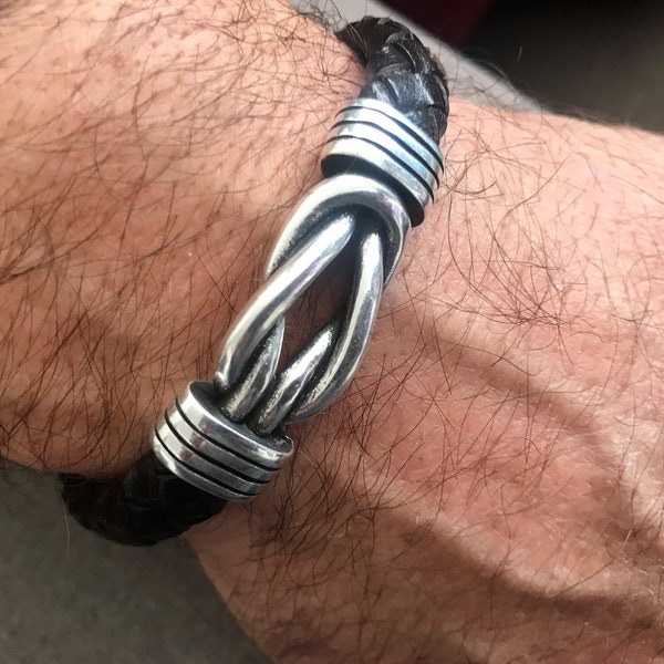 leather bracelet for men, sailor knot bracelet, silver leather bracelet, braided leather, nautical bracelet, surfer bracelet, gift for him