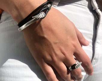 Angel Wing Leather Bracelet, Ring Set, Silver Jewelry, black bracelet