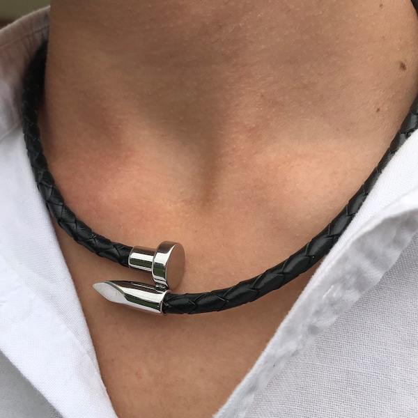 Nail and screw necklace, leather choker, short necklace, choker for men, gift for him, unique holiday gift, Mother’s Day gift