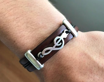 Music Bracelet, Treble clef G bracelet, musician bracelet for man or woman, Rock Bracelet, leather bracelet, music teacher, gift for him