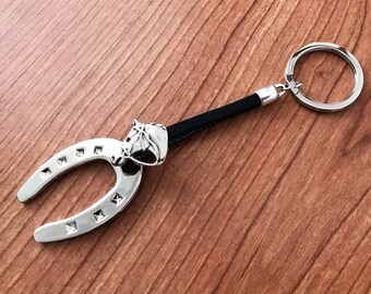 Horseshoe Keychain, Silver and Leather Equestrian Gift