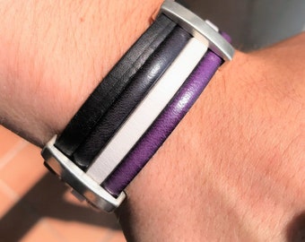 Asexual Pride Leather Bracelet, Black, Grey, White & Purple