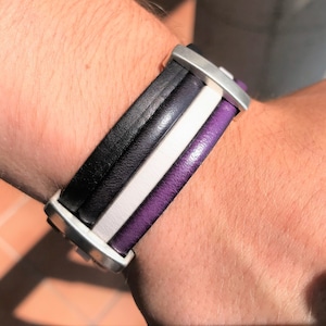 Asexual Pride Läderarmband, Svart, Grå, Vit & Lila, Hypoallergeniskt, unisex smycke