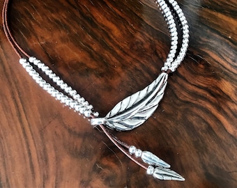 Collar tipo lariat, joyería de cuentas de plata, gargantilla de cuero para mujer