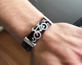 Pulsera de cuero para bicicleta, cierre plateado, regalo para ciclistas, pulsera para hombre