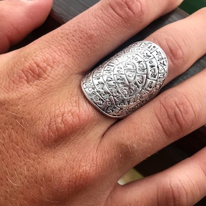 Silver Plated Mandala Ring,  Adjustable Zamak Aztec Sun Calendar