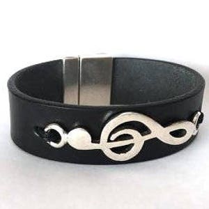 Treble Clef Leather Bracelet: Silver Music Note, Magnetic Clasp