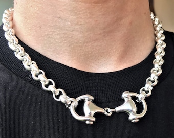 Gargantilla rolo de plata gruesa, collar unisex con bocado de filete, regalo para amantes de los caballos