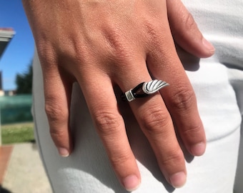 Anillo de cuero con alas de ángel, joyería celestial unisex de plata