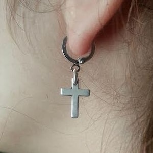 Cross Dangle Hoop Earrings, cross earrings, silver cross earring, dainty hoops earrings, hoops with cross charm, Minimalist earrings