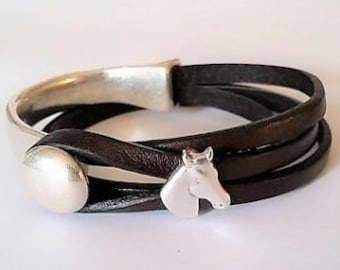 Horse Leather Wrap Bracelet, Equestrian Jewelry, Silver Horse Head, men and women bracelet