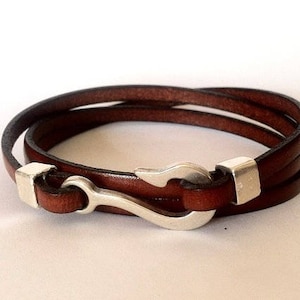Fish Hook Leather Bracelet, Mens Nautical Wrap Bracelet
