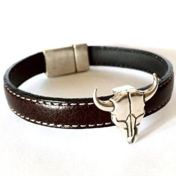 Mens Leather bracelet, Bull bracelet, country bracelet, rodeo jewelry, silver leather, gift for him ,Valentine’s Day, Valentine's Day