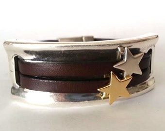 Leather Star Bracelet, Silver Zamak Cuff, Custom Fit