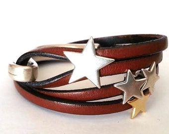 Leather Wrap Bracelet, Silver & Gold, Star Celestial Jewelry, bracelet for women
