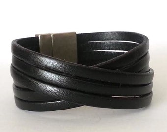 Black leather bracelet for men,  gift for him, triple wrap wristband, casual jewelry, wrist wrap band, Boho Bracelet,cuff leather bracelet