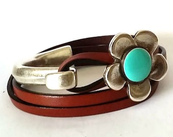 Women bracelet, wrap leather bracelet, boho bracelet, flower bracelet, Daisy flower bracelet, turquoise bracelet, gift for her