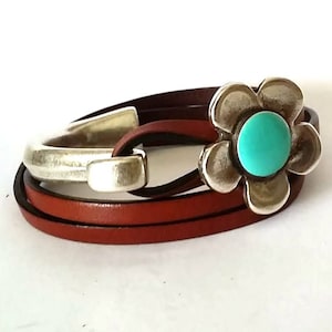 Women bracelet, wrap leather bracelet, boho bracelet, flower bracelet, Daisy flower bracelet, turquoise bracelet, gift for her