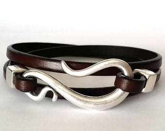leather bracelet, wrap bracelet, Silver leather, Brown bracelet, hook clasp, layered bracelet, gift for her, birthday gifts