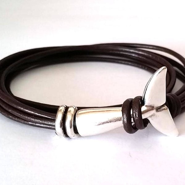 Whale Tail Bracelet, Mens Leather Wrap, Boho Bracelet, Unisex Leather Bracelet, bracelet for men, Nautical bracelet, gift for him
