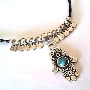 hand of fatima necklace, minimalist choker, silver beads necklace, turquoise choker, handmade gift for her, charms necklace, birthday gifts
