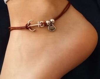 Tobillera de cuero con ancla, joyería náutica plateada