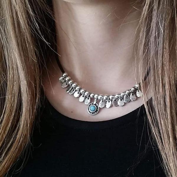 Delicate Silver Pendant Charms Necklace for Women, Boho Hippie, Chich Jewelry, turquoise choker, gift for her, beaded choker, gift for her