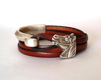 Leather Horse Wrap Bracelet, mens Equestrian bracelet, horse lovers Gift