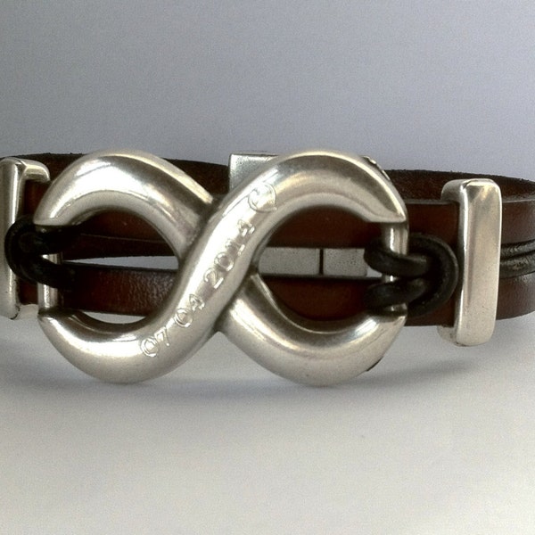 personalized leather bracelet for men, infinity bracelet, name engraved, anniversary gift, gift for him, unique holiday gift