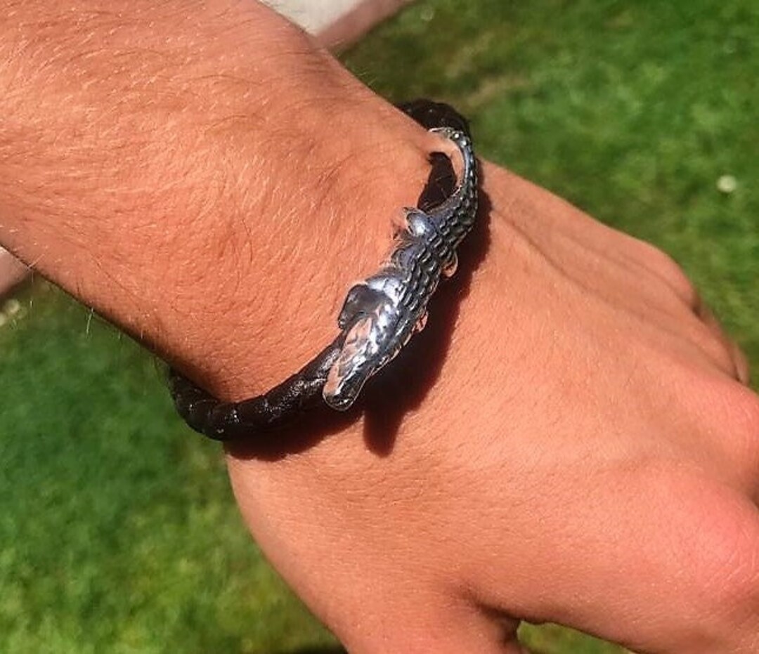 Braided Leather Alligator Bracelet, Animal Charm Jewelry, Unisex