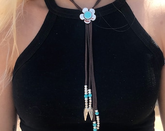 Silver Flower Lariat Necklace, turquoise color, Boho Pendant, long necklace for women, silver beads